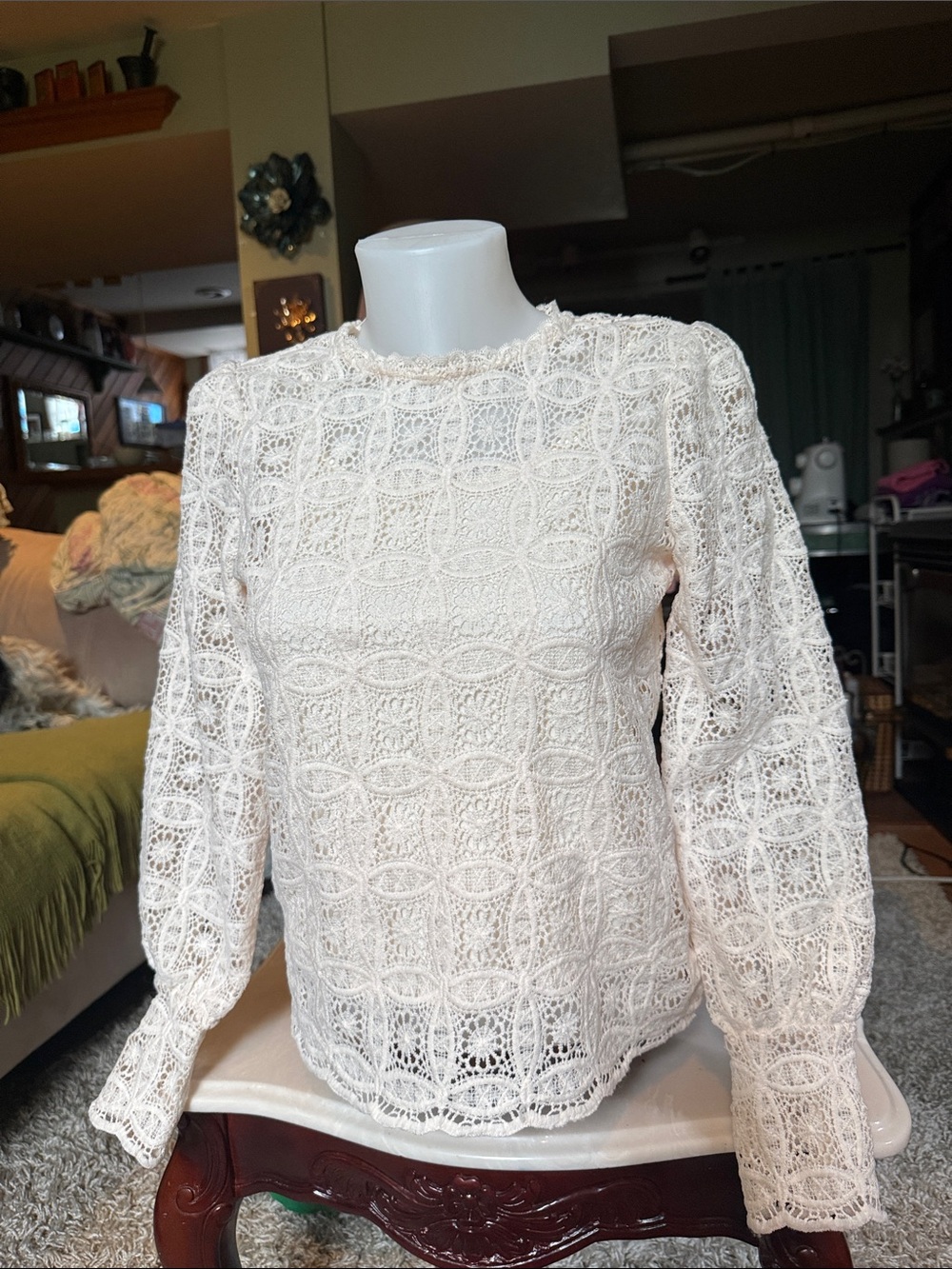 Ricki's Cream Crochet Lace Overlay Long Sleeve Puff Shoulder Top